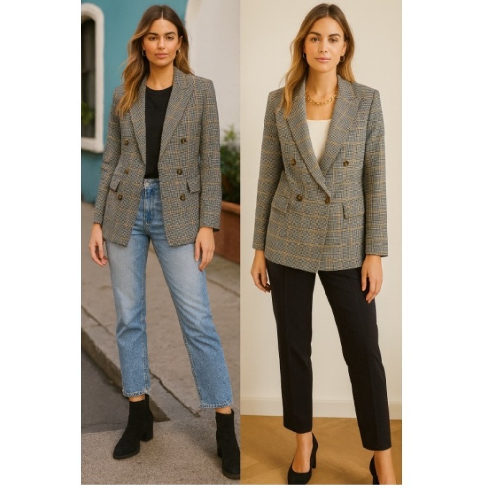 Vero Moda Double Breasted Blazer Mini Houndstooth‎ Glen Plaid Check Jacket XS